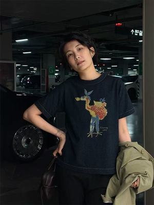 純綿フラミンゴプリント半袖トップス春夏2025新作デザイン感インナーTシャツボトム