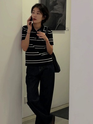 白黒ストライプニット半袖女2025新作正肩Tシャツ通勤トップス高級感ポロシャツ